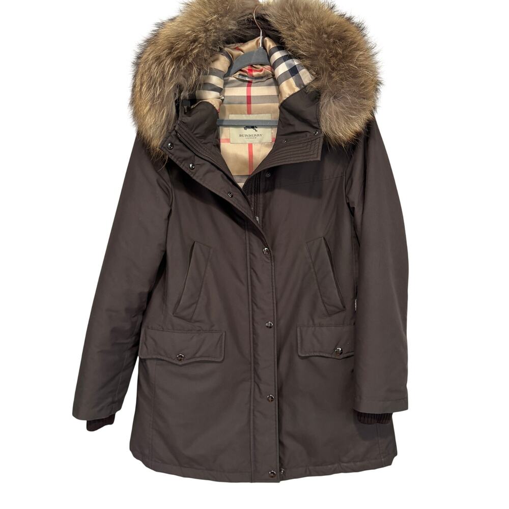 Burberry London Babthorpe Brown Parka Nova Check Fur Trim Hood Large - Picture 2 of 14
